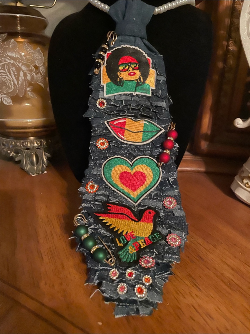 Boho Denim Patchwork Necklace with Colorful Embroidered Motifs